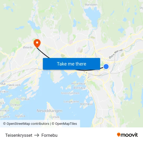 Teisenkrysset to Fornebu map