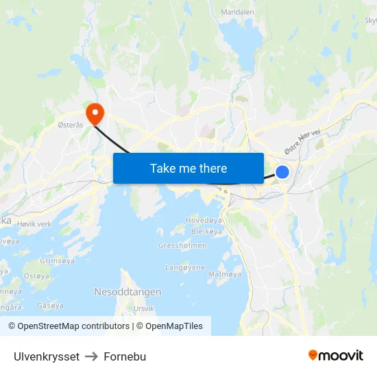 Ulvenkrysset to Fornebu map