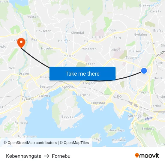 Københavngata to Fornebu map