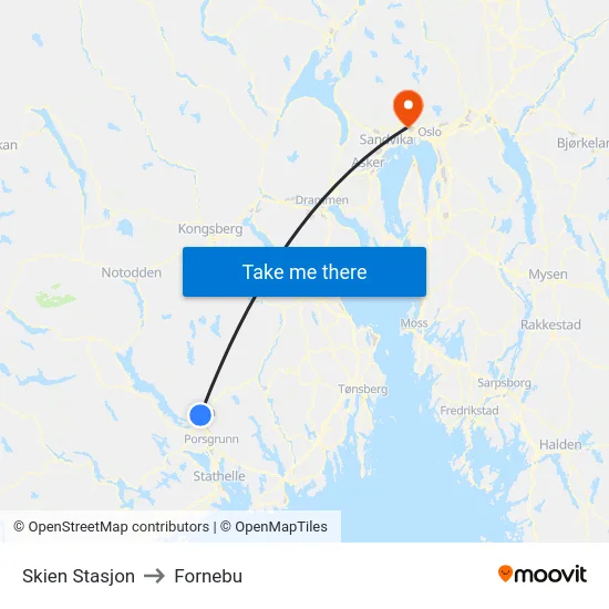 Skien Stasjon to Fornebu map