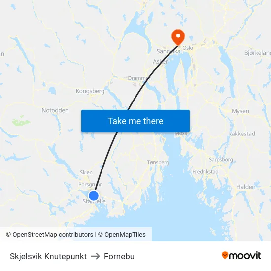 Skjelsvik Knutepunkt to Fornebu map