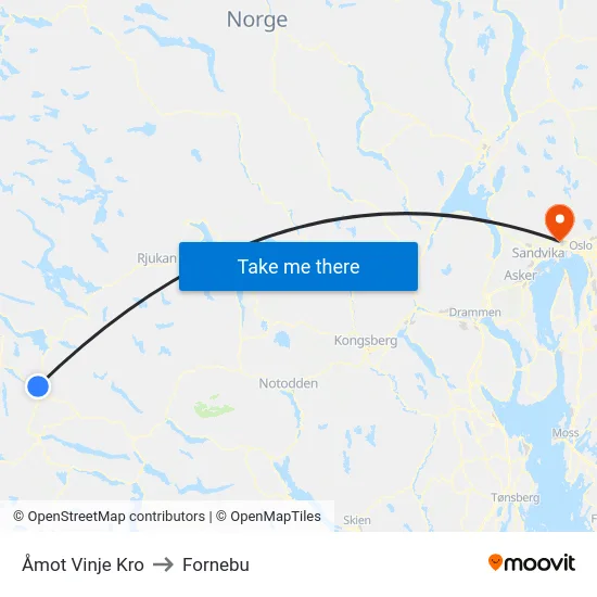 Åmot Vinje Kro to Fornebu map