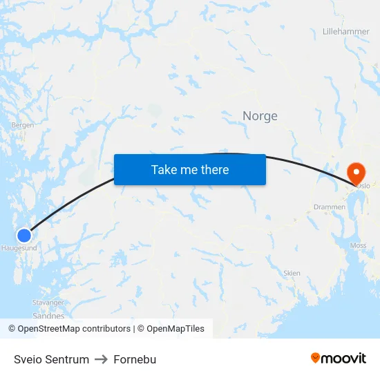 Sveio Sentrum to Fornebu map