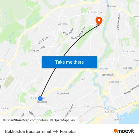 Bekkestua Bussterminal to Fornebu map