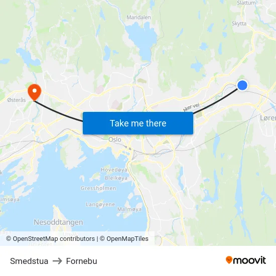 Smedstua to Fornebu map