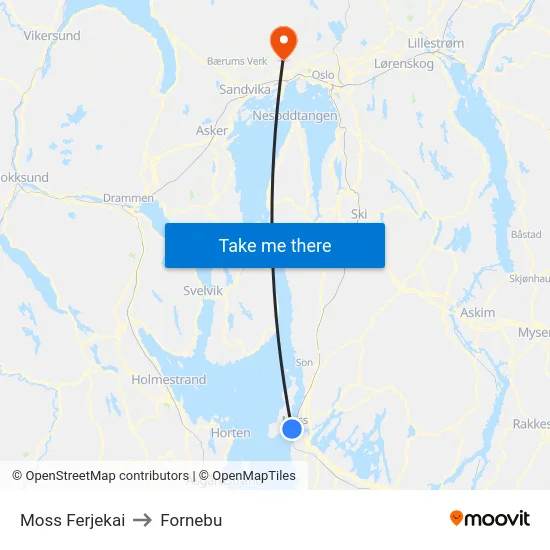 Moss Ferjekai to Fornebu map