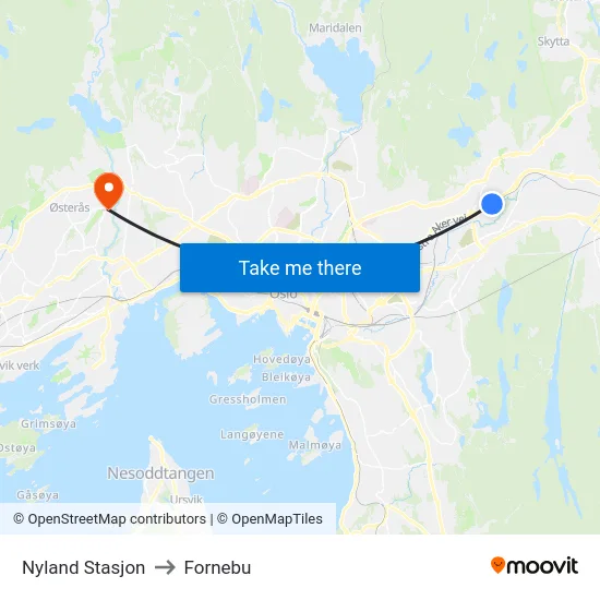 Nyland Stasjon to Fornebu map