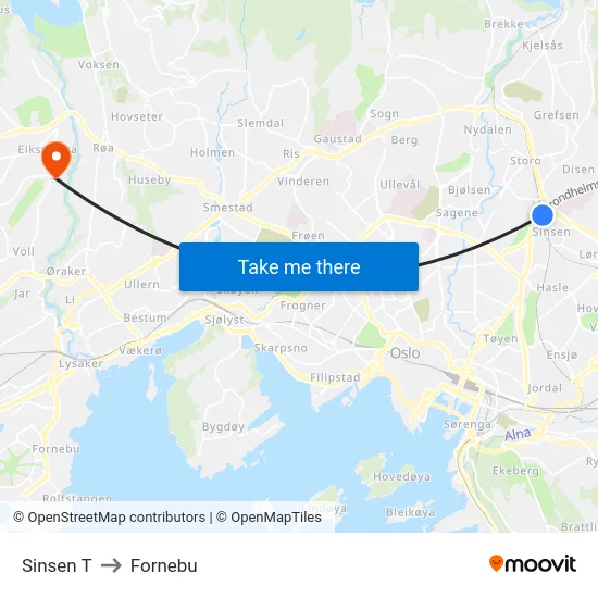 Sinsen T to Fornebu map