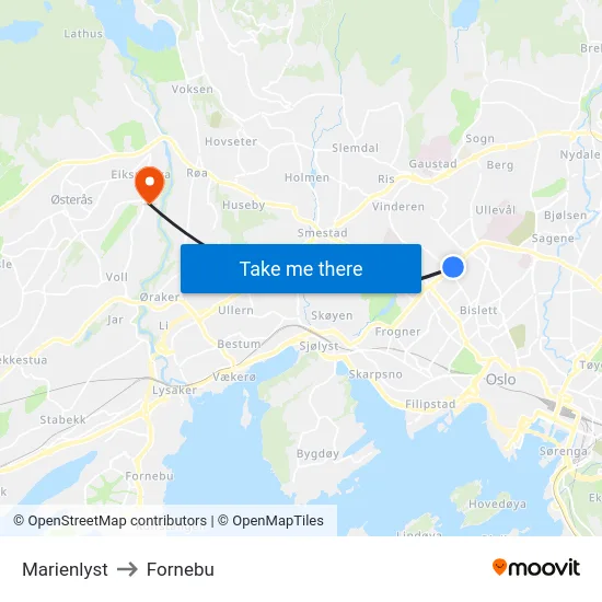 Marienlyst to Fornebu map