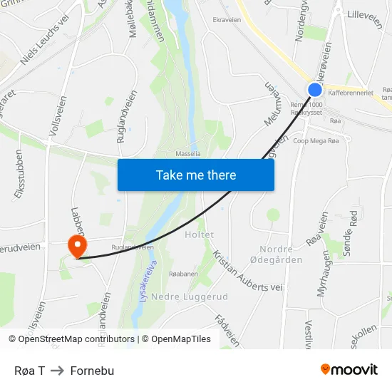 Røa T to Fornebu map