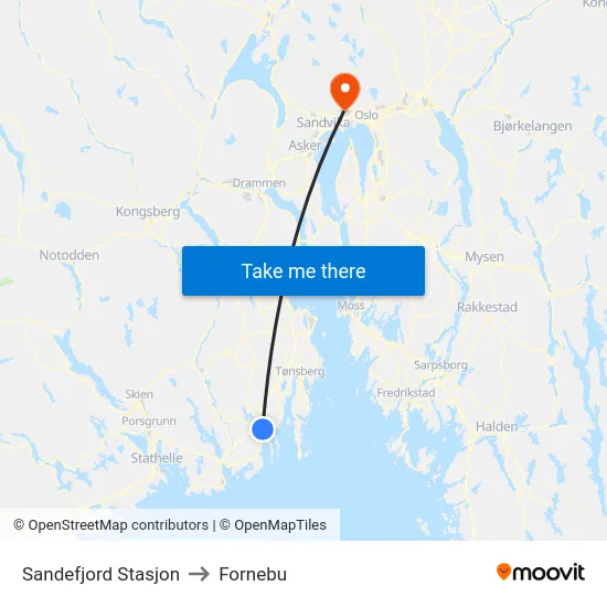 Sandefjord Stasjon to Fornebu map