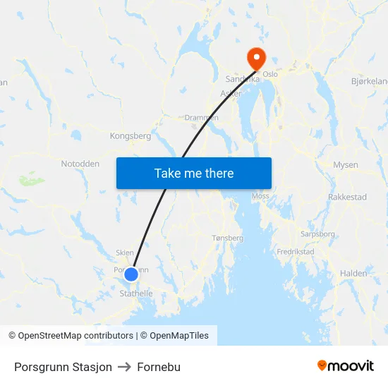 Porsgrunn Stasjon to Fornebu map