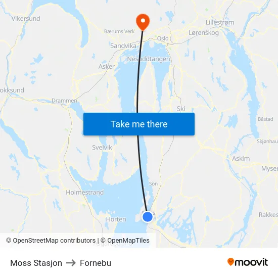 Moss Stasjon to Fornebu map