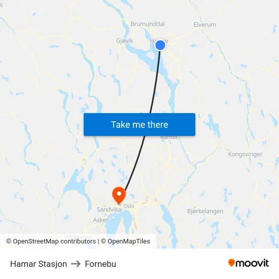 Hamar Stasjon to Fornebu map