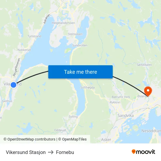 Vikersund Stasjon to Fornebu map