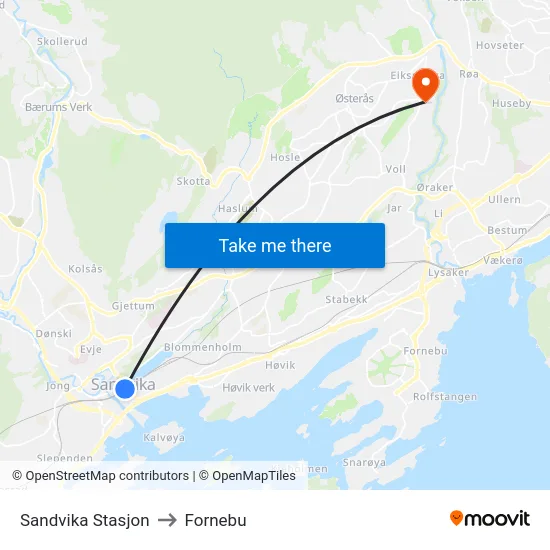 Sandvika Stasjon to Fornebu map