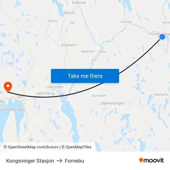 Kongsvinger Stasjon to Fornebu map