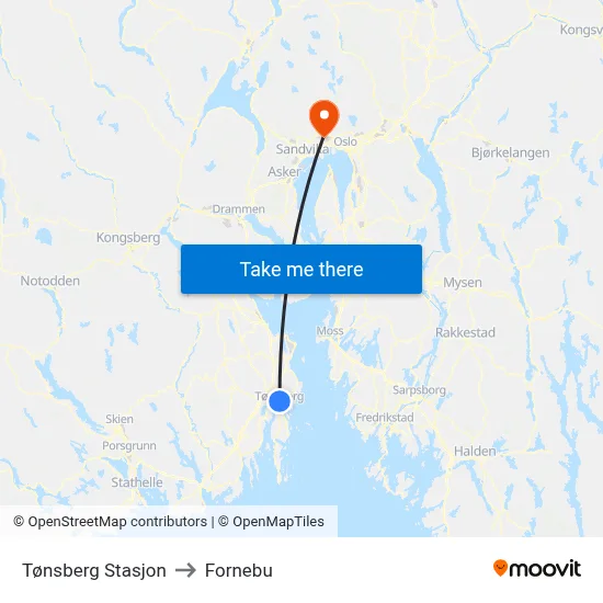Tønsberg Stasjon to Fornebu map