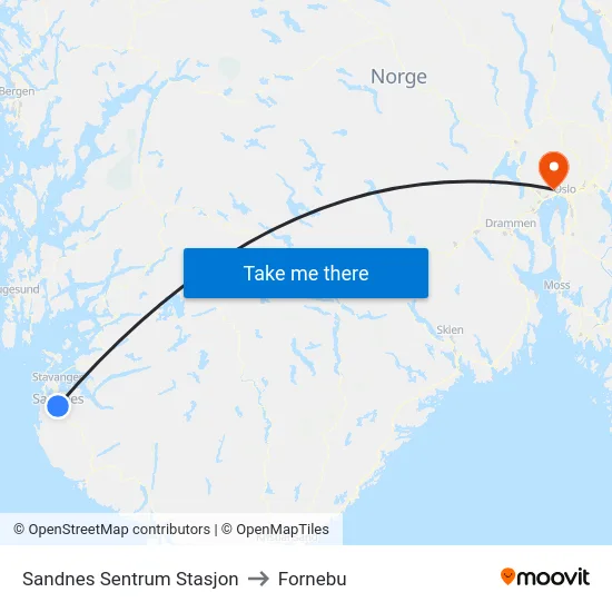 Sandnes Sentrum Stasjon to Fornebu map