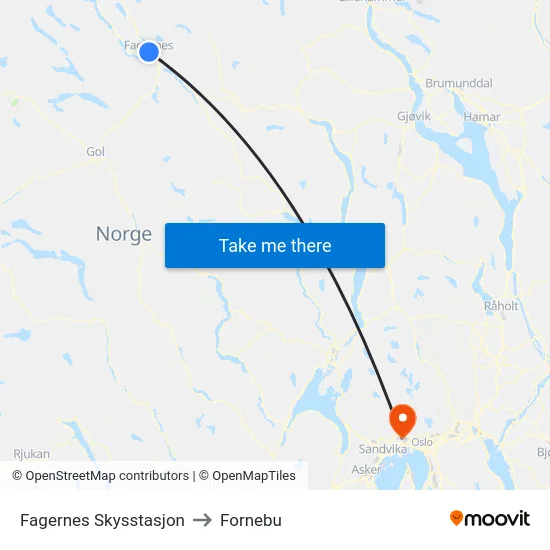 Fagernes Skysstasjon to Fornebu map