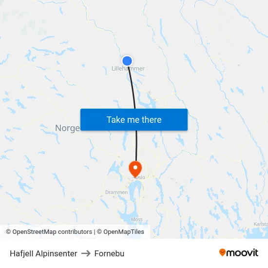 Hafjell Alpinsenter to Fornebu map