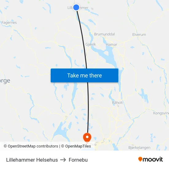 Lillehammer Helsehus to Fornebu map