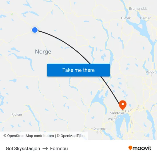 Gol Skysstasjon to Fornebu map
