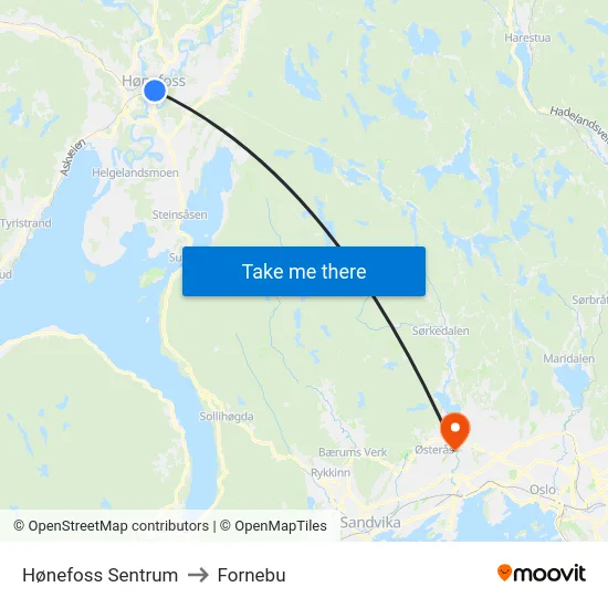 Hønefoss Sentrum to Fornebu map