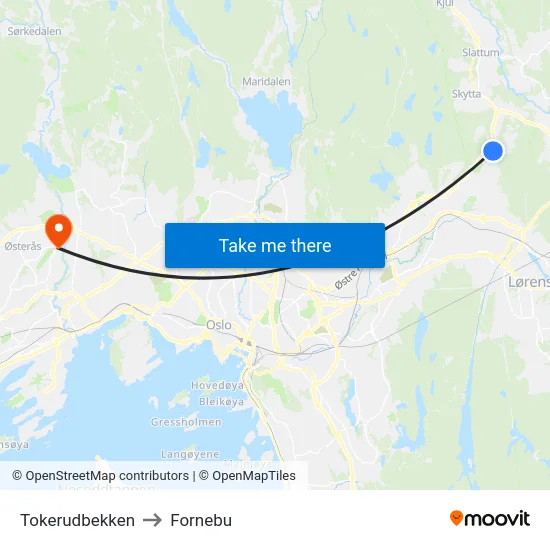 Tokerudbekken to Fornebu map