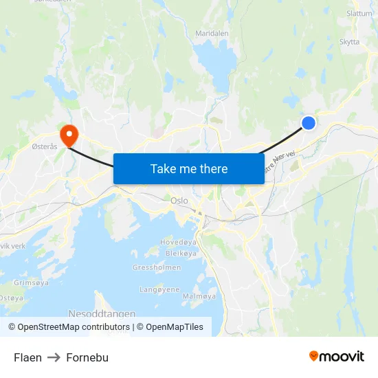 Flaen to Fornebu map