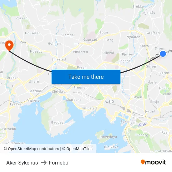 Aker Sykehus to Fornebu map
