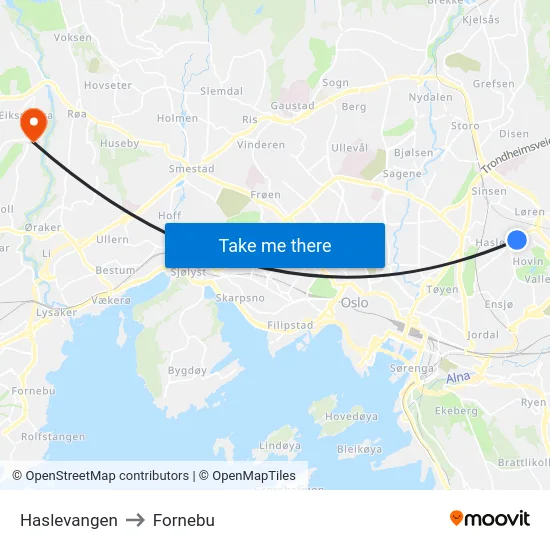 Haslevangen to Fornebu map