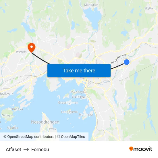 Alfaset to Fornebu map