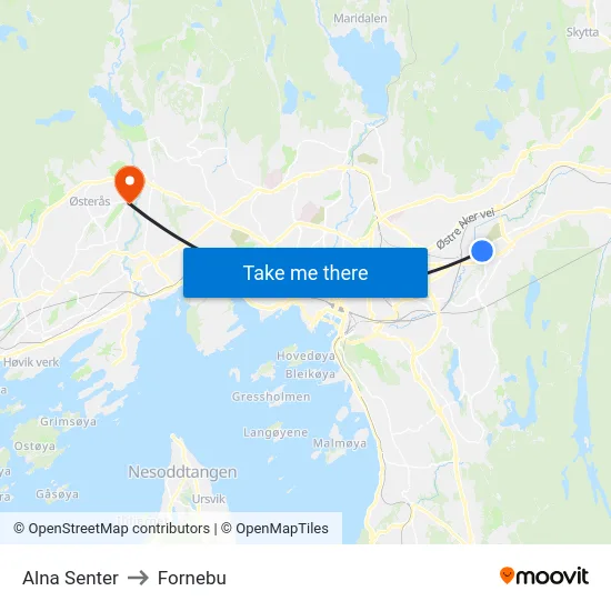 Alna Senter to Fornebu map