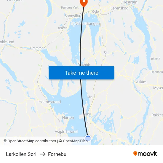 Larkollen Sørli to Fornebu map