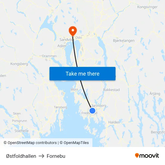 Østfoldhallen to Fornebu map