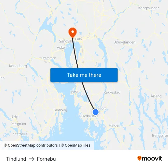 Tindlund to Fornebu map