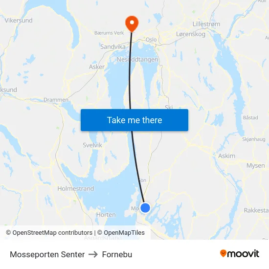 Mosseporten Senter to Fornebu map