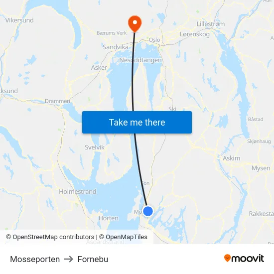 Mosseporten to Fornebu map