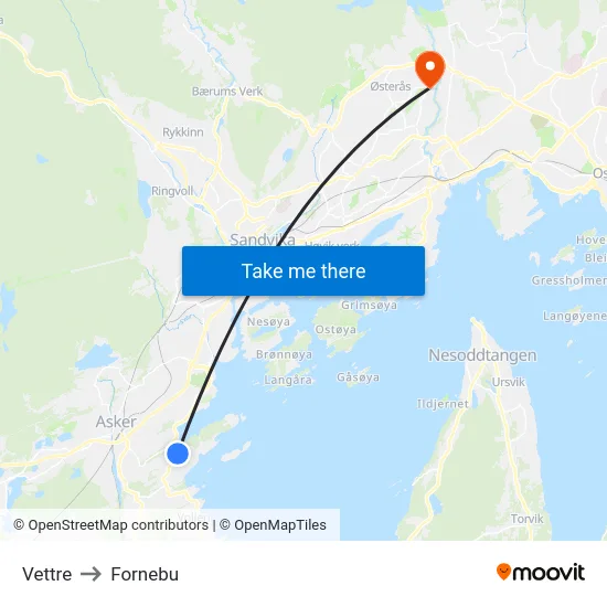 Vettre to Fornebu map