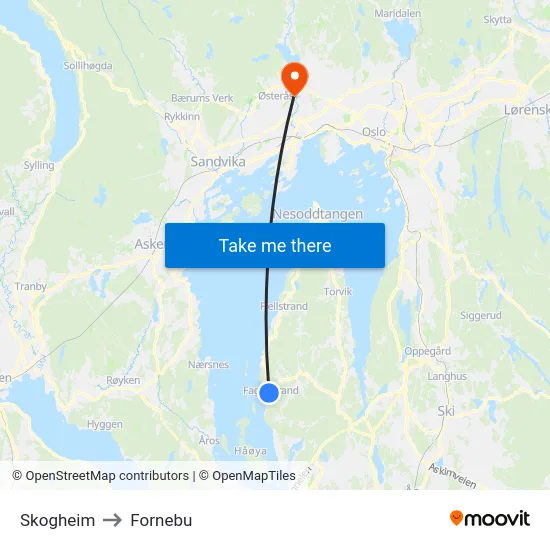 Skogheim to Fornebu map