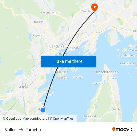 Vollen to Fornebu map