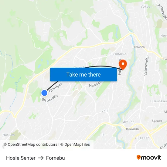 Hosle Senter to Fornebu map