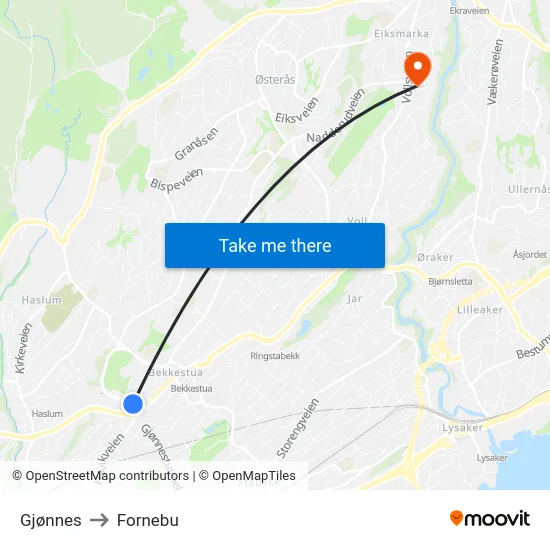 Gjønnes to Fornebu map