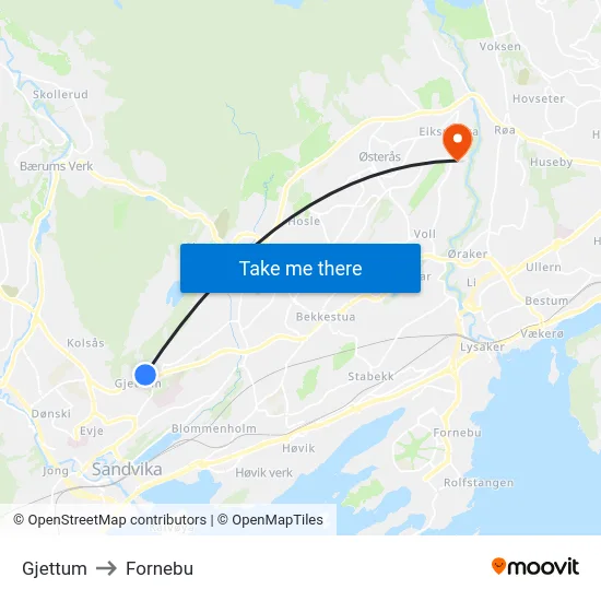 Gjettum to Fornebu map