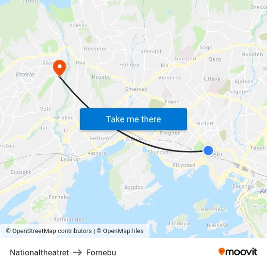 Nationaltheatret to Fornebu map
