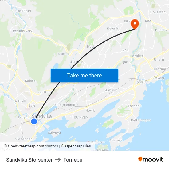 Sandvika Storsenter to Fornebu map