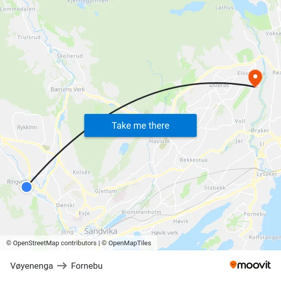 Vøyenenga to Fornebu map