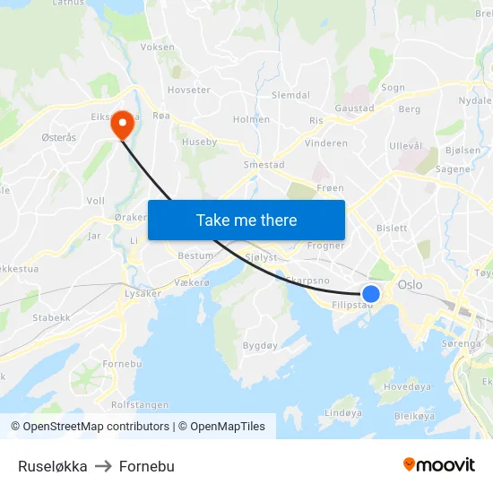 Ruseløkka to Fornebu map
