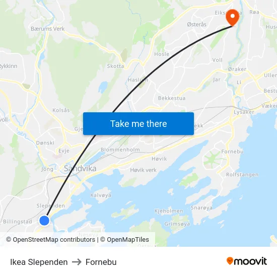 Ikea Slependen to Fornebu map